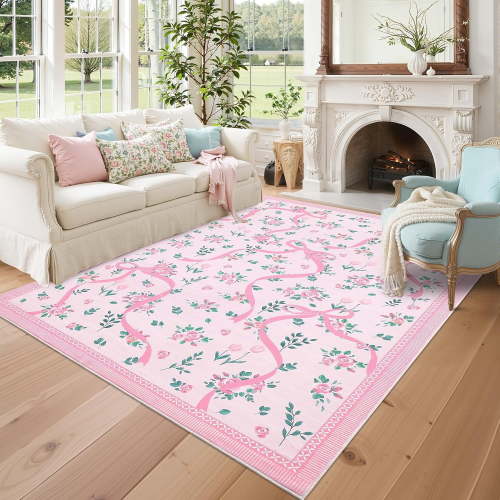 Coquette Pink Rugs for Bedroom Girls, 8x10 Area Rugs for Living Room with Soft Low Pile, Non Slip Floral Bow Washable Rug 8x10 for Nursery Kids Dorm Dining Room Playroom