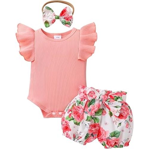 Tiny Cutey Baby Girl Clothes Infant Summer Outfits Set Ruffle Sleeve Romper and Floral Shorts with Headband