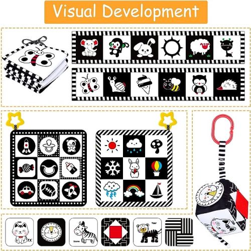 4 Pcs Baby Toys 0-3 Months Black and White High Contrast Newborn Toys - Tummy Time Toys Montessori Toys for Babies 0 3 6 9 Months - Infant Sensory Soft Book Toys for Babies Girls Boys Baby Gifts