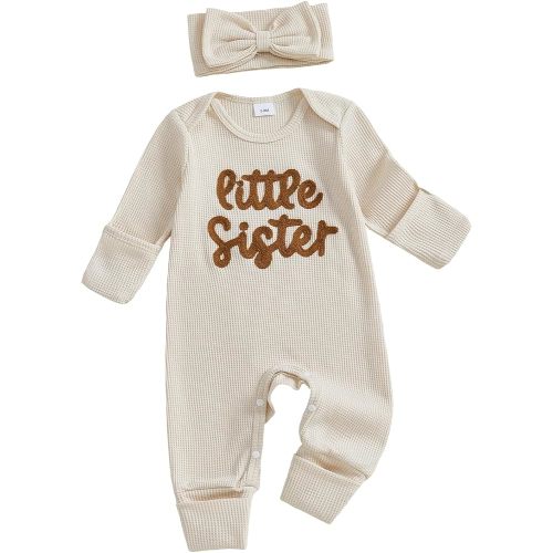 allshope Infant Baby Girl Fall Outfit Sweatshirt Romper Little Sister Lil Sis Long Sleeve Jumpsuit Newborn Winter Clothes (Little Sister Apricot, Newborn)