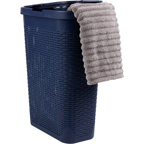 Slim Laundry Hamper with Lid, 40L Clothes Basket, Premium Wicker Design, Plastic, Navy