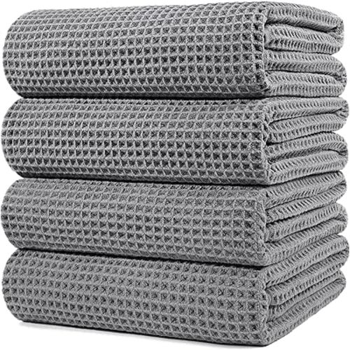 POLYTE Microfiber Oversize Quick Dry Lint Free Bath Towel, 60 x 30 in, 4 Pack (Gray, Waffle Weave)