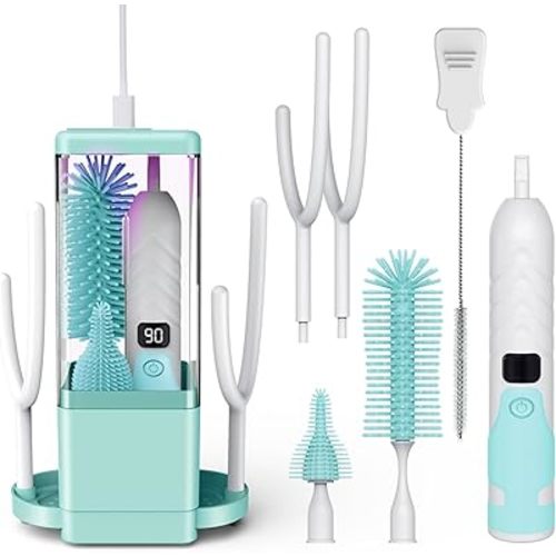 Electric Bottle Brush Cleaner - 360°High-Speed Spinning Bristles, Rechargeable Baby Bottle Brush with Silicone Bottle, Nipple Brush, Straw Brush, 2 Drying Rack, UV sterilized, Green