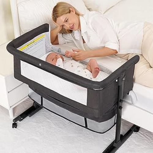 Baby Bassinet, 3 in 1 Bedside Bassinet for Baby, Bassinet Bedside Sleeper with Wheels, Adjustable Height with Rocking Mode, Breathable Mesh, Storage Basket, Easy Assemble & Folding (Dark Gray)