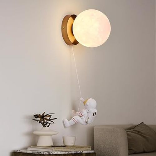 Cute Moon & Astronaut Wall Sconce - Modern Cordless 3D Printed Wall Light for Kids Room, Bedroom, Living Room with Brass Mount | 5.9" Moon Shade & 15cm Astronaut | G9 Lamp Base