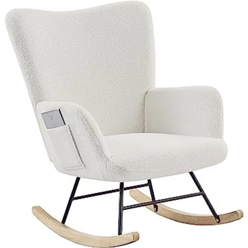 VECELO Rocking Chair, Modern Upholstered Teddy Fabric Nursery Glider with Padded Seat, High Backrest, Armchair and Pocket for Living Room Bedroom Balcony Offices, White