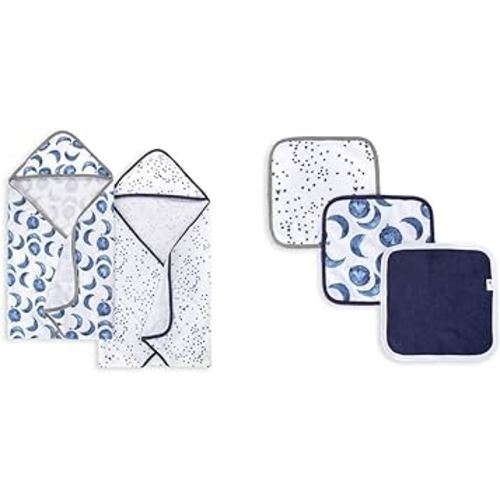 Burt's Bees Baby - Hooded Towels, Absorbent Knit Terry, Super Soft Single Ply, 100% Organic Cotton (Hello Moon!, 2-Pack) & Washcloths, Absorbent Knit Terry, Super Soft 100% Organic Cotton