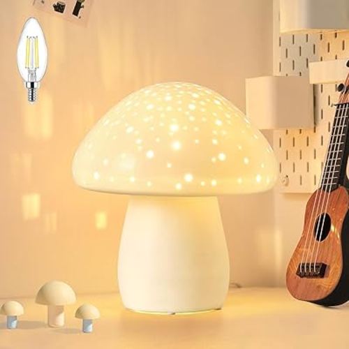 BOHON Mushroom Lamp, Ceramic Bedside Table Lamp for Bedroom Nightstand, Cute Night Light LED Small Lamp for Living Room Kids Home Office Desk Nursery Decor Girl Gifts, LED Bulb Included, White