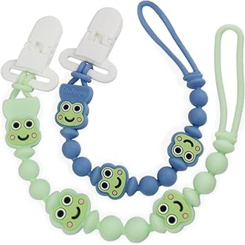 Pacifier Clips 2 Pack, Silicone Baby Pacifier Clips with One Piece Design, Frog Character, BPA Free - CPSIA Certified, Soft Flexible Paci Clip Holder