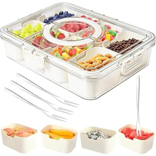 Snackle Box Container,Portable Snack Box 8 Compartment Divided Serving Tray with Lid and Handle,Clear Storage Organizer for Fruit Candy Nuts Veggie-Perfect for Road Travel Party(1 Pack)