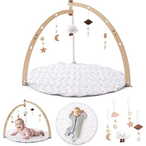 Wooden Baby Play Gym with Play Mat,Foldable Activity Center for Toddler with 5 Hanging Sensory Toys,Infant Babies Play Gym with White Playmat for Newborn Baby Girls and Boys