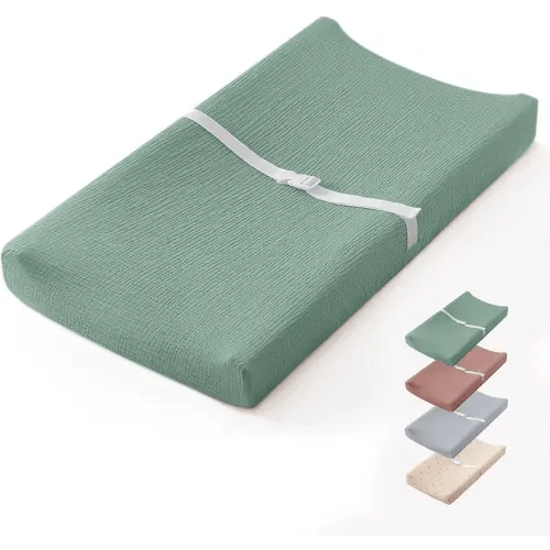Blissful Diary Muslin Baby Changing Pad with Waterproof Lining Foam, Diaper Changing Table Pad with Cover for Dressers (Roman Green, Rectangular)