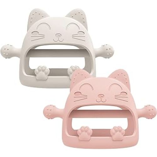 2 Pack Baby Teether Toys,Silicone Teething Toys for Babies 0-6 Months,Never Drop Baby Chew Toys for Teething Relief, Teething Pacifiers,Baby Toys 0-6 Months,Ideal Gifts for Baby Shower(Cartoon Cat)