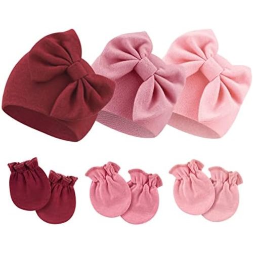 BQUBO Newborn Baby Hospital Hats Beanie Bow Infant Caps Baby Cotton No Scratch Mittens Set for 0-6 Months
