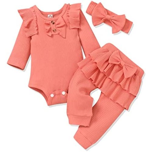 Aalizzwell Preemie Newborn Infant Baby Girls Clothes Ribbed Bodysuit Pants Set Fall Winter Outfits