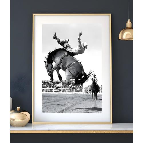 Rodeo Cowboy on Bucking Horse Printable – Western Action Wall Art, Rustic Rodeo Arena Black and White Digital Photo Download, Buffalo Bill