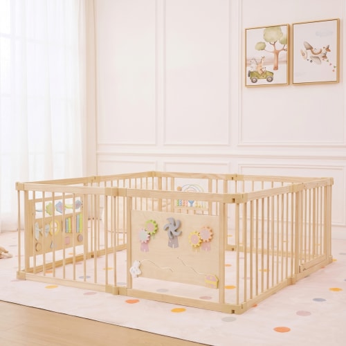 Wooden Baby Playpen with Sensory Activity Panels – 63" x 63" Square