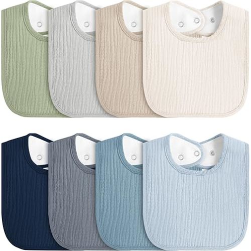 8-Pack Baby Muslin Bibs, Soft Cotton Drool Bibs for Boys Girls, Adjustable and Absorbent Newborn Bib Set for Feeding and Drooling