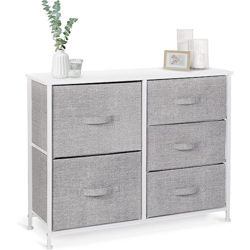 BINO 5-Drawer Fabric Dresser Organizer, Light Grey | Closet Organizer Unit | Dresser Tower | Clothing Drawer & Dresser Furniture | Organizing Drawer for Closet Bedroom Nursery Hallway Entryway Room