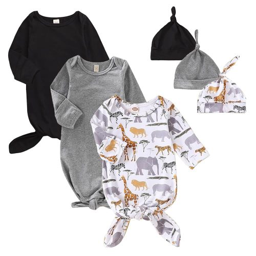 OPAWO Newborn Baby Knotted Gowns with Mitten Cuffs and Hat Baby Sleeper Gowns Coming Home Outfit for Baby Boy Girl 0-6 Months
