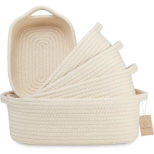 NaturalCozy 5-Piece Rectangle Storage Basket Set- Natural Cotton Rope Woven Baskets for Organizing! Small Basket for Montessori, Baby Nursery, Dog Toy Baskets, Cat Toy Box, Bathroom Organization Bin