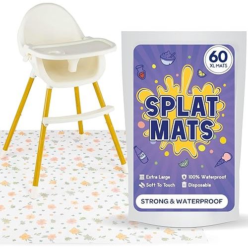 60 Pack Disposable Splat Mats by Eli with Love - Extra Large 49"x49" 100% Waterproof Baby Splat Mat for Under High Chair - Plastic Mat Liner for Floor - Protect from Spills (Floral, 60 Pack)