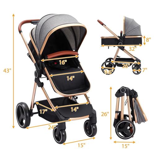3-in-1 Reversible Baby Stroller with Adjustable Backrest and Canopy