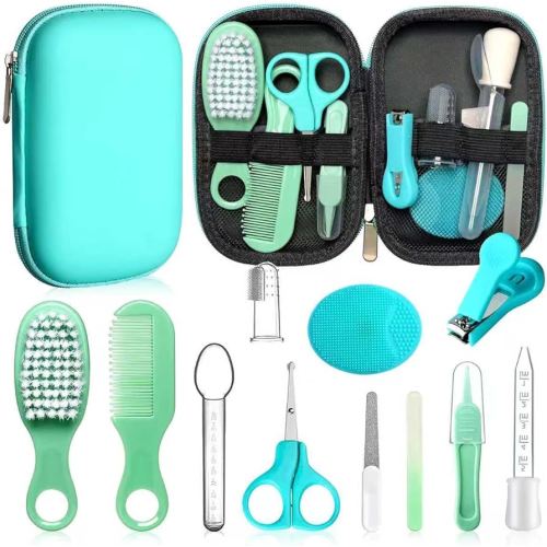 Baby Grooming Kit - Nursery Essentials Baby Registry Shower Gift for Newborns, Infants, Toddlers, Boys, Girls Kids-Safety Baby Comb, Brush, Finger Toothbrush, Nail Clippers, Scissors (Green 12 in 1)
