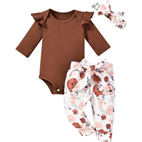 Aalizzwell Preemie Newborn Infant Baby Girls Clothes Ribbed Romper Bodysuit Pants Set Fall Winter Outfits