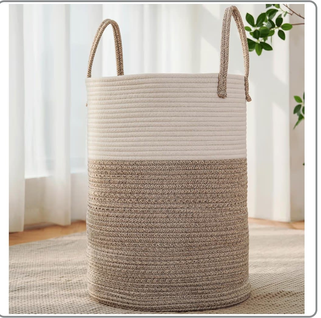 Large Woven Laundry Basket Hamper,60L Cotton Rope Storage Bin for Blankets,Toys and Clothes,Decorative Tall Nursery Hamper for Living Room,Baby Nursery,Bathroom and Bedroom,Brown
