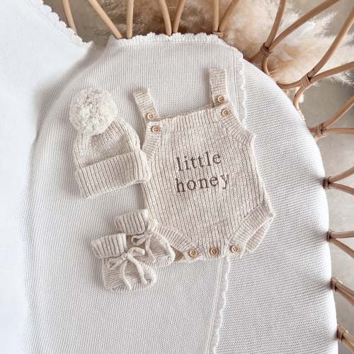 'Little Honey' Singlet Knit Romper & Beanie Bundle