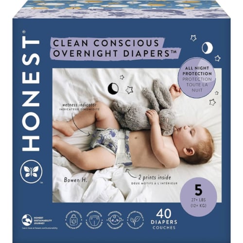 The Honest Company Clean Conscious Overnight Diapers for Sensitive Skin | Hypoallergenic, Fragrance Free | Cozy Cloud + Star Signs | Club Box, Size 5 (27+ lbs), 40 Count