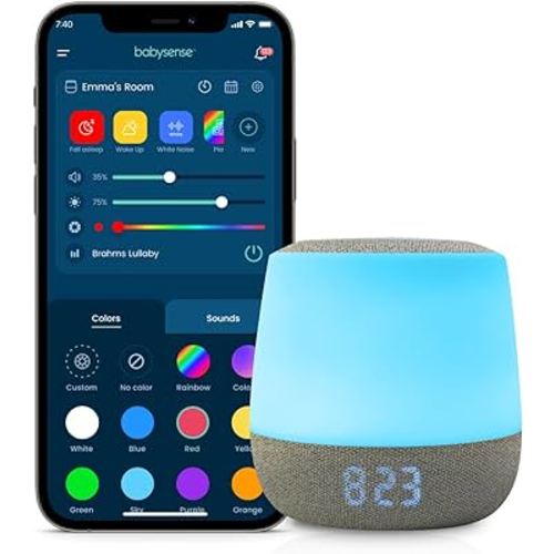 Babysense Dreamer Sound & Light Machine for Babies, Adjustable RGB Night Light, Clock and Temperature Display, Sleep Trainer, Program Schedule, White, Pink & Brown Noise Soother, Lullabies & Sounds
