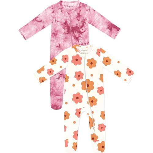 Jimonda Baby Girls Boys Footed Pajamas,Rayon From Bamboo,2 Way Zipper Long Sleeve Soft Sleeper Pjs,Infant Tie-dye Romper - Flower&pink - 3-6 Months