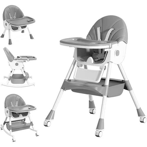 Baby High Chair, 5 in 1 High Chairs for Babies and Toddlers, Travel Foldable High Chair with Foot Rest, Detachable PU Cushion, Double Removable Tray, Adjustable Height & Recline, Locking Wheels