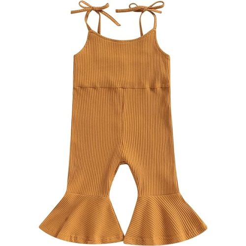 Nie Cuimeiwan Baby Girl Bell Bottoms Romper Pants Knit Overalls Solid Ribbed Clothes Cute Toddler Girl Jumpsuit - Coffee - 12-18 Months