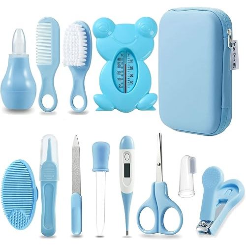 PandaEar Baby Healthcare and Grooming Kit, Baby Safety Set Baby Comb, Brush, Finger Toothbrush, Nail Clippers, Scissors, Nasal Aspirator, Baby Essentials Nursery Care Kit (13-in-1 Blue)