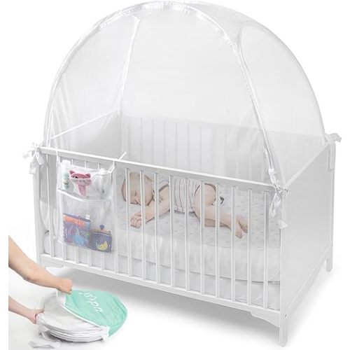 Baby Crib Tent to Keep Baby from Climbing Out - See Through Mesh Crib Net - Pop Up Crib Tents for Toddlers Bed Secure, Safe & Breathable, Premium Baby Crib Canopy - Transparent White
