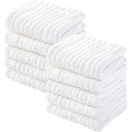 Yoofoss Muslin Baby Washcloths 100% Cotton Face Towels 10 Pack Wash Cloths for Baby 12x12in Soft and Absorbent Baby Wipes (White)