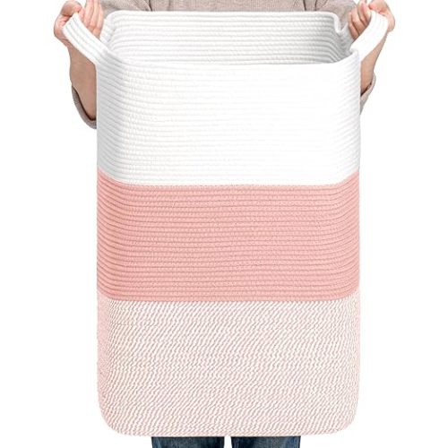 CLHMILY&Z 95L Laundry Basket Rectangular Pink Rope - 16x15x24 Inches - Dirty Clothes and Soft Storage Bin for Blankets, Toys, and Nursery Essentials