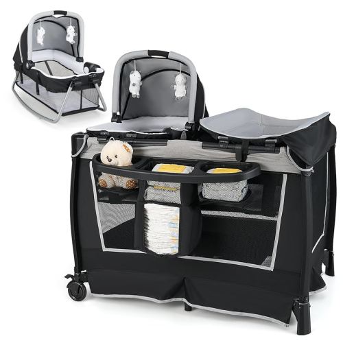 HONEY JOY Pack and Play, 5 in 1 Portable Infant Playpen with Bassinet & Changing Table, Storage Bag, Music Box, Toys, Carry Bag, Nursery Center, Baby Playard Pack n Play Crib for Boys Girls