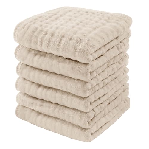 Comfy Cubs Muslin Baby Washcloths 6 Pack - Soft 6-Layer Cotton Wash Cloths for Sensitive Skin - 10"x10" Large, Gentle, Absorbent Infant Essentials for Newborn and Toddlers - (Sand)