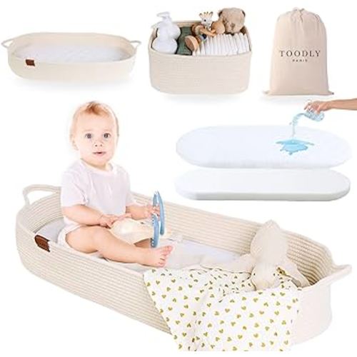 Baby Changing Basket with Diaper Caddy - Beige Moses Basket for Babies - Cotton Rope Diaper Changing Basket - Baby Diaper Changing Pad for Dresser - Changing Table Topper for Dresser