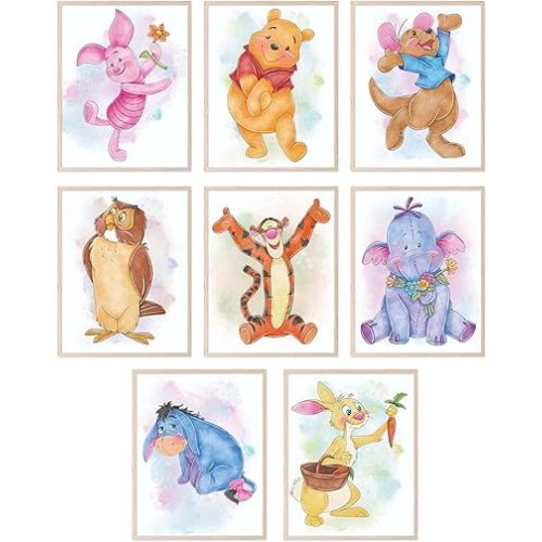 BigWig Prints Winnie the Pooh Nursery Decor - Winnie The Pooh Poster, Baby Shower Decorations, Poo Bear Nursery Decor Wall Art, Piglet, Tigger, Eeyore, Rabbit, Owl, Roo - Set of 8 (8x10) Unframed