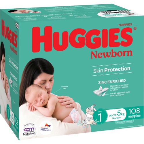 Huggies Newborn Nappies Size 1 (up to 5kg) 108 Pack