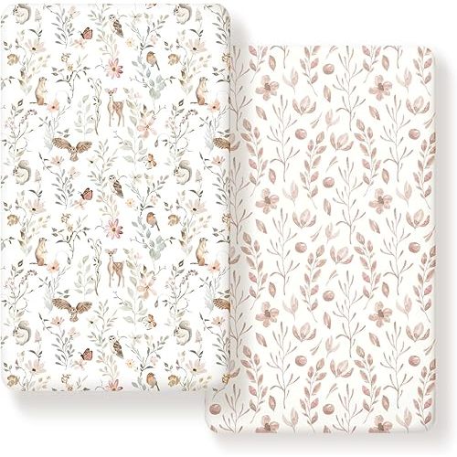 GRSSDER Stretch Ultra Soft Jersey Knit Fitted Crib Sheets Set 2 Pack,Fit All Standard Crib Mattress Pads Safe and Snug, Crib Fitted Sheet for Girls, Beautiful Blush Pink Floral and Cute Animals Print