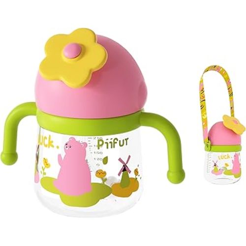 Piifur Weighted Straw Sippy Cup with Strap, Spill Proof Sippy Cups for Baby 2 Year Old, Trainer Cup for Toddlers, 10oz/300ml, Green