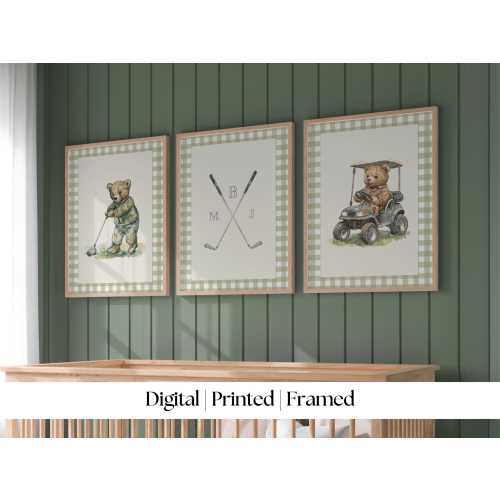 Boy golf nursery art, Vintage boy nursery, Teddy Bear Golf Print Nursery, Teddy Bear Art Kids Room, Gingham, Green, Digital,Printable,Framed