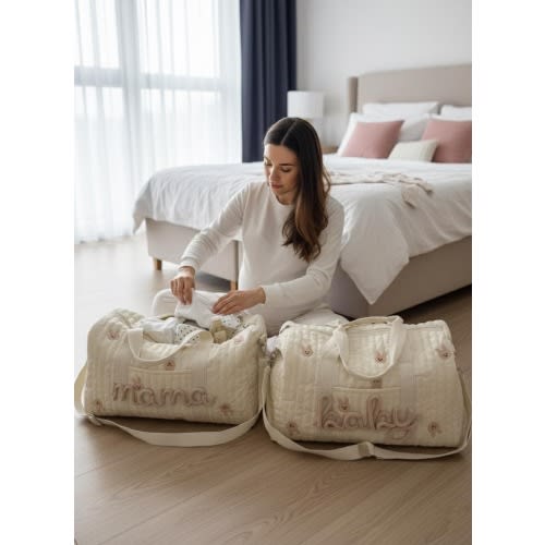 Matching Mama & Baby Name Bag - Newborn Hospital Organiser -Weekend 2x Bag Set -Pregnancy Maternity Birth Duffle Pair - Mother’s Day Gift