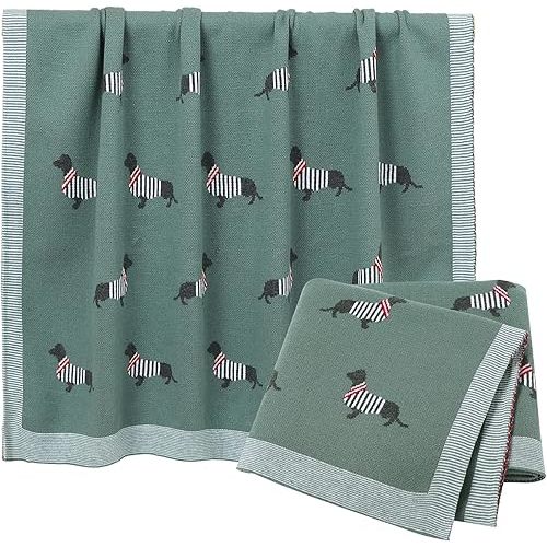 Opewod Baby Blanket Knitted 100% Cotton Soft Blankets for Newborn Boy Girls Cute Dog Dachshund 30x40 inches Green